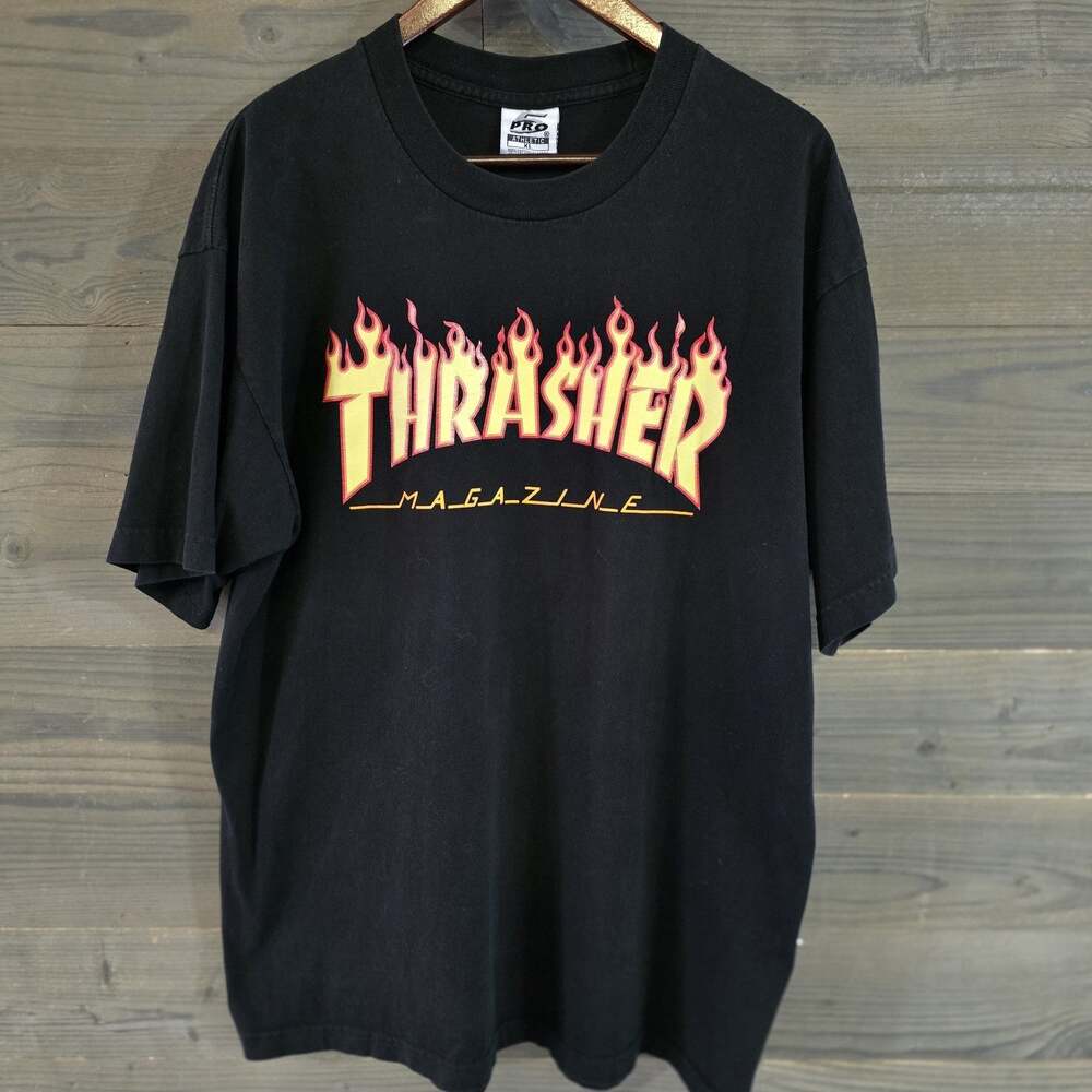 Vintage Thrasher Magazine Flame Logo T Shirt XL Black Skate Streetwear 90s Punk